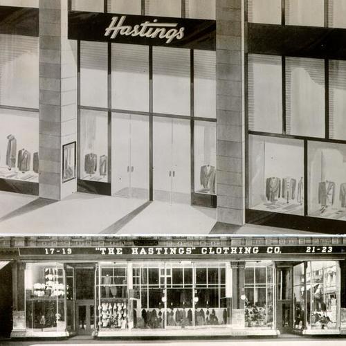  first Hastings Clothing Company in 1854 and a model of its new location on 135 Post Street]