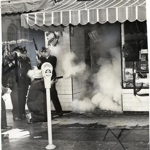 [Police firing tear gas through the door of a hobby shop on Irving Street in response to a hoax phone call which reported a homicide on the site]