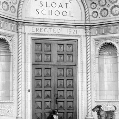 [Two dogs at entrance to Commodore Sloat School]