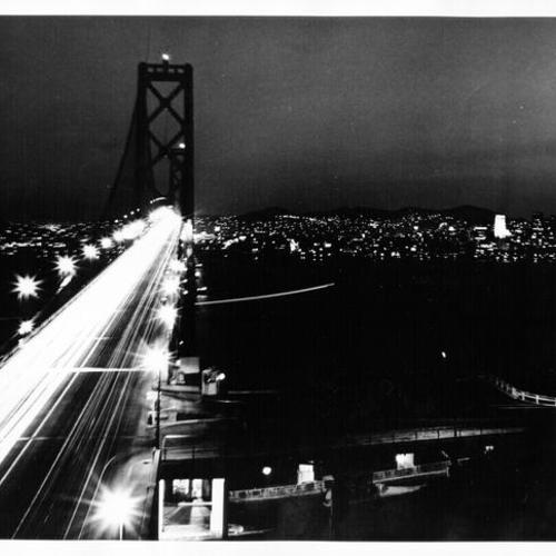 [Night view of San Francisco-Oakland Bay Bridge cantilever highway span]