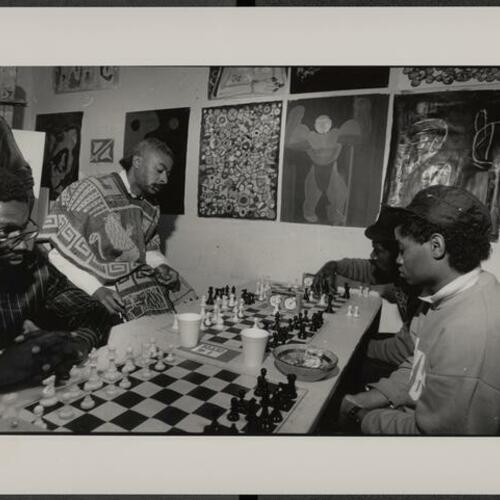 People experiencing homelessness and low-income residents participating in Hospitality House's Annual People's Chess Tournament in September of 1988
