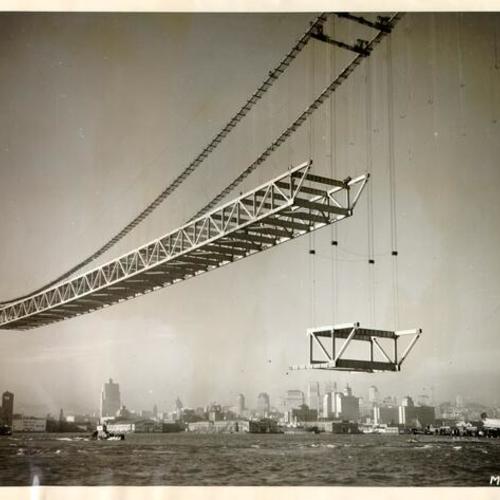 [View of the San Francisco-Oakland Bay Bridge while under construction]