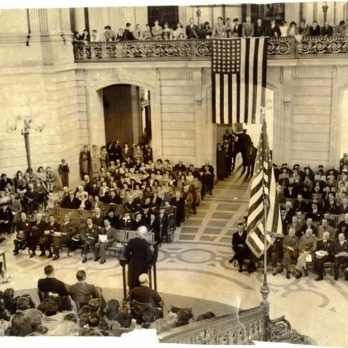 [Representatives from various Pan-American countries at a ceremony in the Rotunda of City Hall]