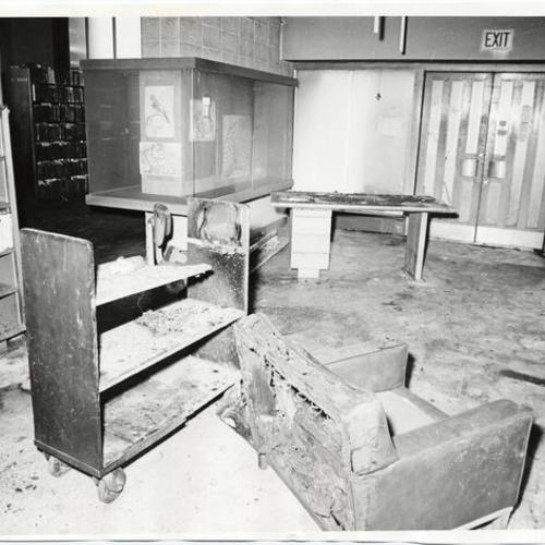 [Interior of Ortega Branch Library, showing fire and vandalism damage]