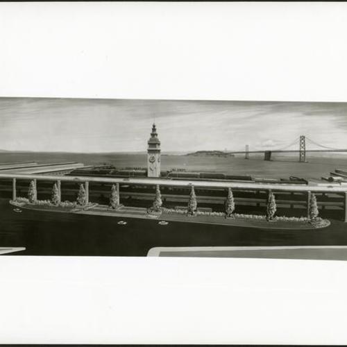 [Drawing of the proposal for Embarcadero Freeway by the Ferry Building]