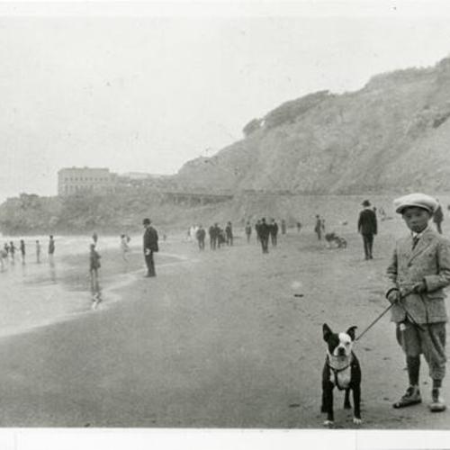 [Kazuo walking his dog at Ocean Beach in 1927]