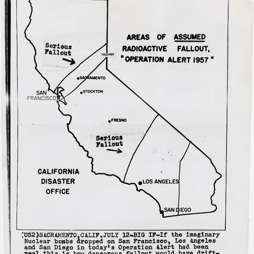 California Disaster Office, areas of assumed radioactive fallout, "Operation Alert 1957"