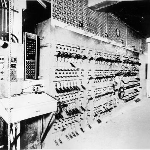 [Westinghouse lighting switchboard at stage right of the Fox theater]
