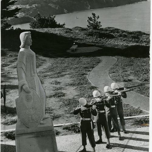 [Four soldiers rehearsing for the dedication of the West Coast Memorial at the Presidio of San Francisco]