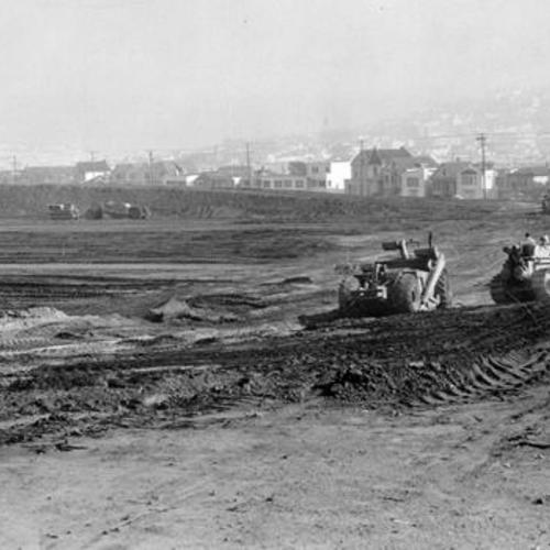 [Two major-league-size baseball diamonds and two softball diamonds under construction in Balboa Park at San Jose and Ocean Ave.]