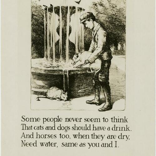 [Illustrated poster of boy lifting dog to fountain to drink water and cat drinking water]