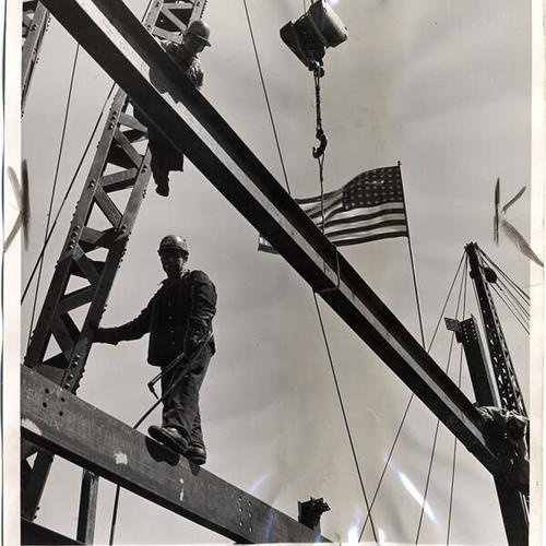 [Construction workers Lester Mittone, Robert Hack and James Steele working on the Standard Oil Company building annex at 265 Bush Street]