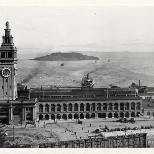 [Ferry Building, with view of Yerba Buena Island in background]
