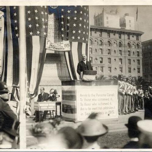 [Mayor James Rolph speaking at Union Square ceremonies on opening day of the Panama-Pacific International Exposition]
