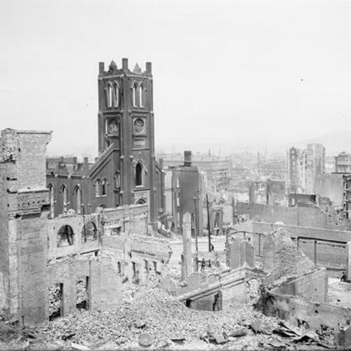 [Ruins after the 1906 earthquake, view looking northeast from above Dupont Street includes Old St. Mary's Church]