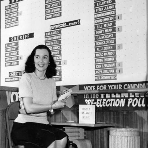 [Dixie Mollett tallies the first vote in the News-Telenews pre-election poll at the Telenews Theater]