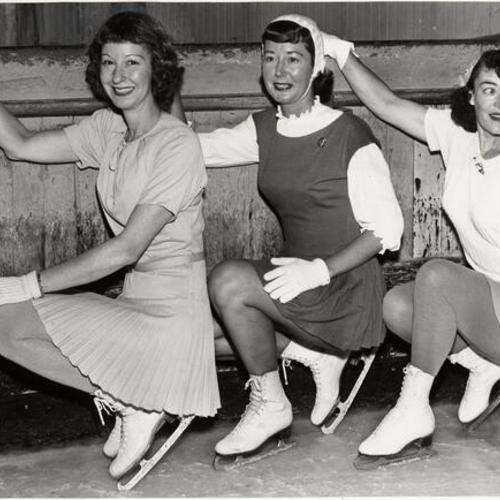 [Jerry Knudsen, Marie Barrett and Dorothy Rahe posing at the ice skating rink at Sutro Baths]
