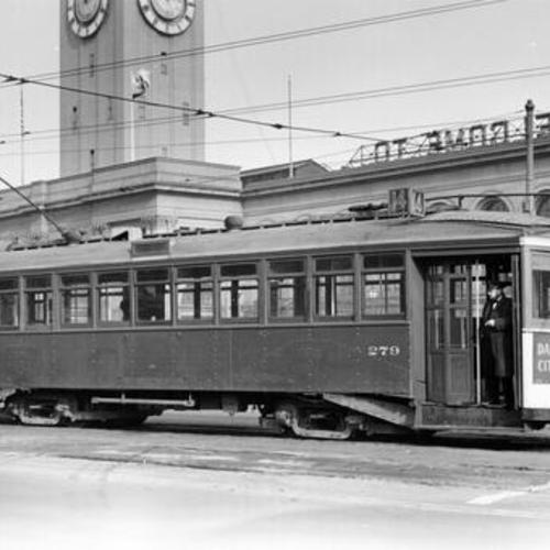 [Market Street Railway Company line 14 streetcar in front of the Ferry Building]