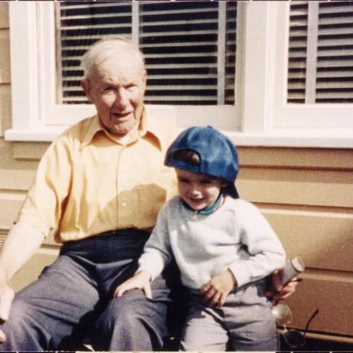 [Maureen's father, Michael and great grandnephew, Kevin in backyard]
