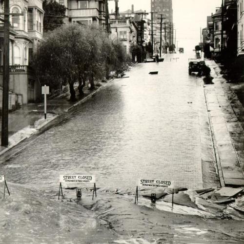 [Steiner Street, closed off due to mud and floods]