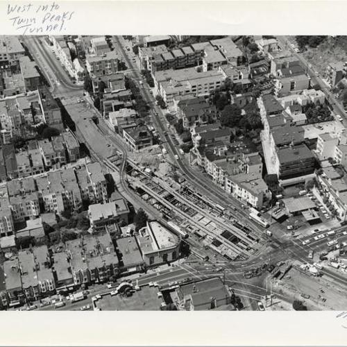 [Aerial view of Upper Market Street at Castro, during construction of Twin Peaks Tunnel]