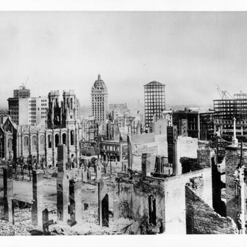[View of downtown San Francisco in ruins from Nob Hill]