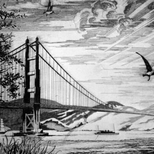 [Etching titled "Golden Gate Bridge" by Blanding Sloan]
