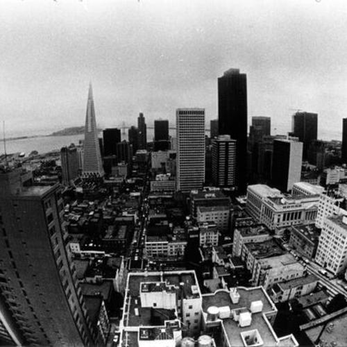 [View of San Francisco from an outside elevator on the Fairmont Hotel]