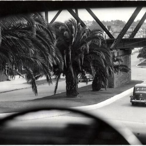 [View from inside a car traveling on Dolores Street]