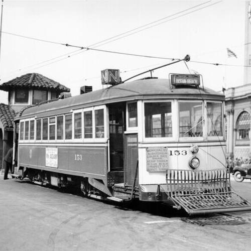[Municipal Railway N line streetcar in front of the Ferry Building]