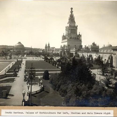 South Gardens. Palace of Horticulture far left, Italian and Main Towers right