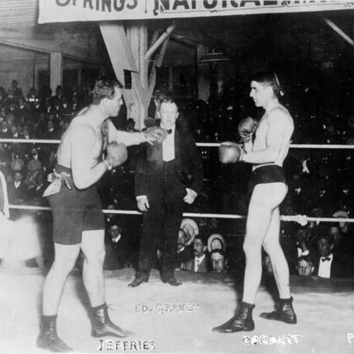 [Boxing match between James J. Jeffries and James John Corbett]