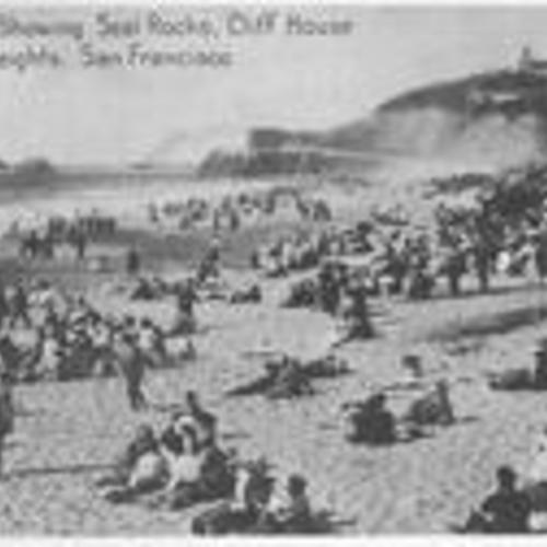 Beach scene showing Seal Rocks, Cliff House and Sutro Heights, San Francisco