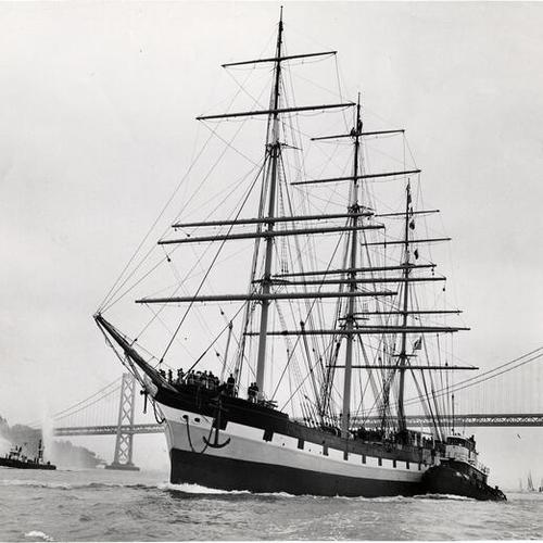 [Sailing ship "Balclutha" in San Francisco Bay, with Bay Bridge in background]