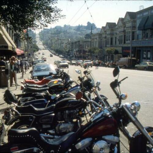 [Motorcycles on the 400 block of Castro street]