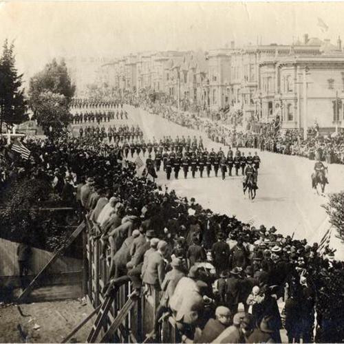 [Parade showing members of the San Francisco Police Department marching on Van Ness Avenue]