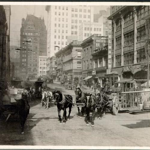 [Horse drawn vehicles on Third Street, between Mission and Market streets]
