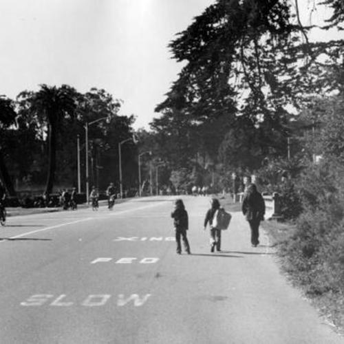 [Bicyclists and pedestrians on the street in front of the De Young Museum in Golden Gate Park]