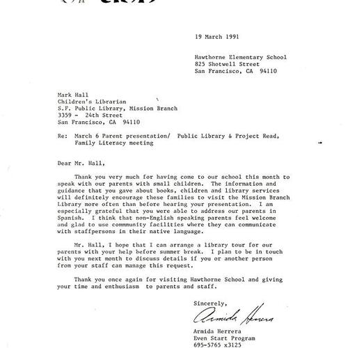 SFUSD, Letter to Mark Hall, March 19 1991
