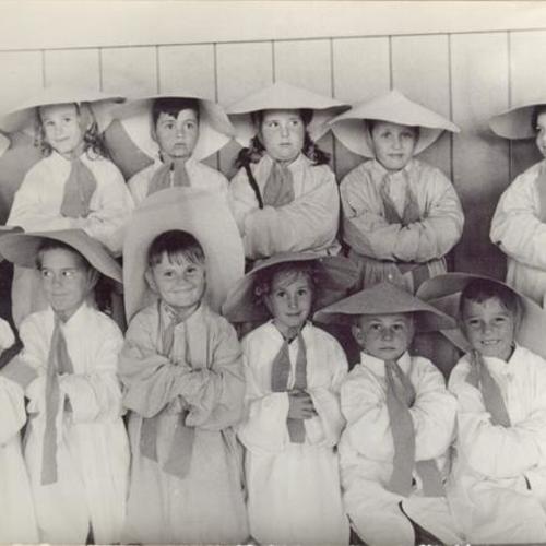 [Students in Chinese costumes for drama play at Denman-San Miguel Vacation School, presently known as James Denman Junior High School]