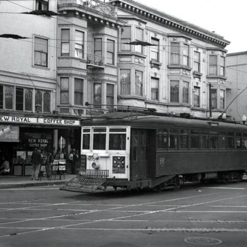 [Broadway and Columbus Avenue looking West at Market Street Railway #15 line car 807]
