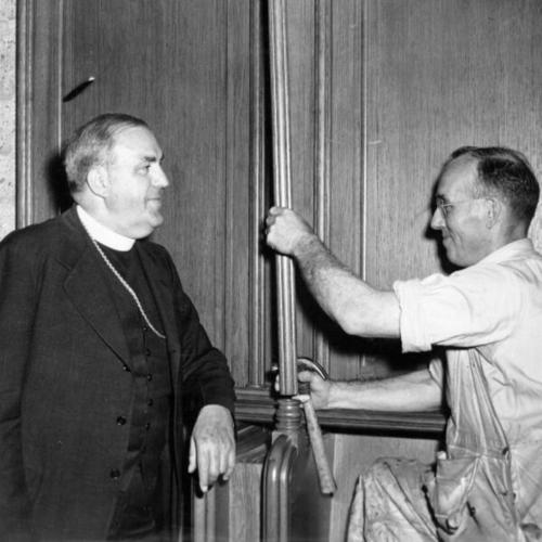 [Rt. Rev. Karl Morgan Block, bishop of California and Boss Carpenter Clark E. Jeffries at Grace Cathedral]