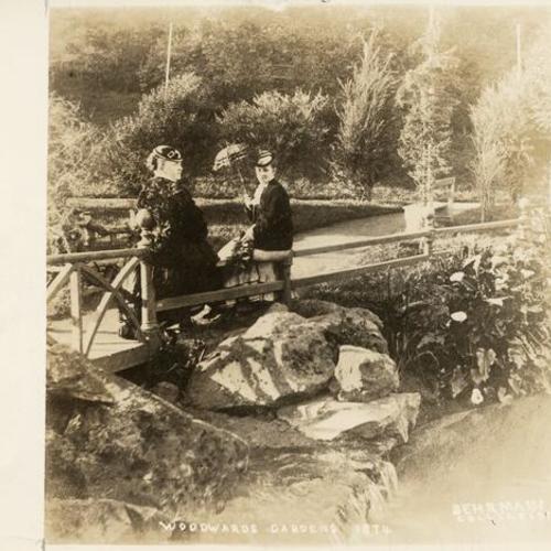 [Two ladies sitting on a fence in Woodward's Gardens]