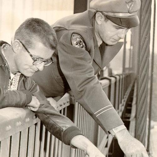 [John LeBaron explaining to Highway Patrolman Theodore McGuire how he tried in vain to stop someone from jumping off of the Golden Gate Bridge]