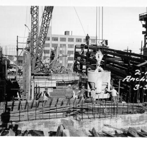 [San Francisco-Oakland Bay Bridge anchorage construction at Rincon Hill]