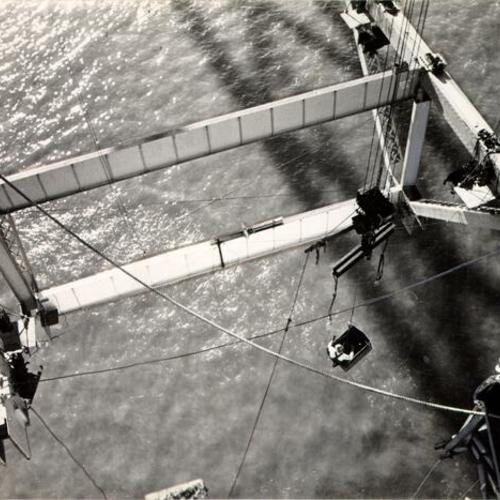 [Bridge workers raising the first truss span for the deck of the San Francisco-Oakland Bay Bridge]