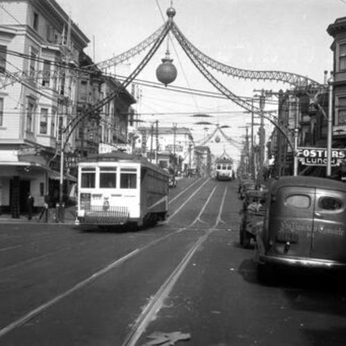 [Fillmore and Sutter streets looking north at southbound #22 line car 876 crossing Sutter under electrolier]