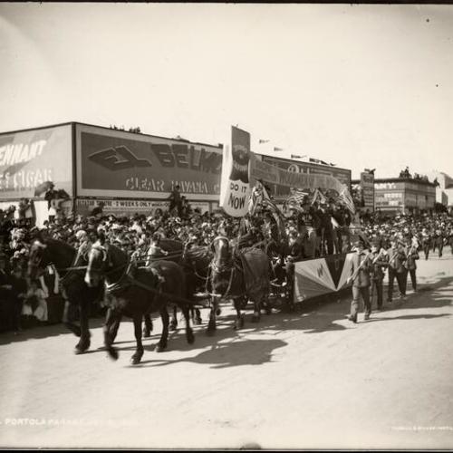 [Woodmen of the world float and men on foot carrying axes, Parade from Portola Festival, October 19-23, 1909]
