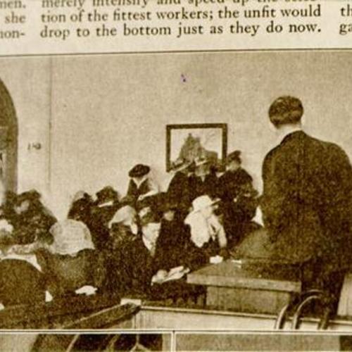 [Mrs. R. M. Gamble addressing Reverand Paul Smith at a meeting in the Central Methodist Episcopal Church in the Tenderloin]
