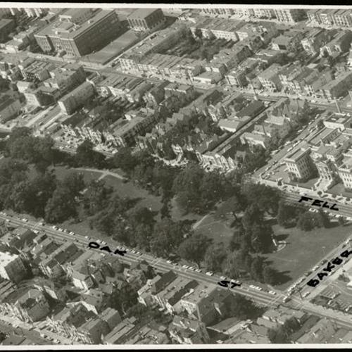 [Aerial view of Golden Gate Park looking northwest at the panhandle]